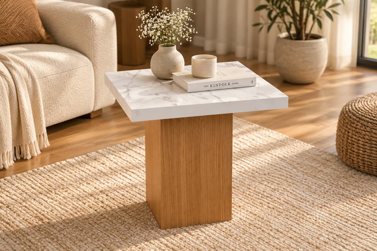 Table d'Appoint Carrée Design Minimaliste 50x50 cm Effet Marbre & Bois